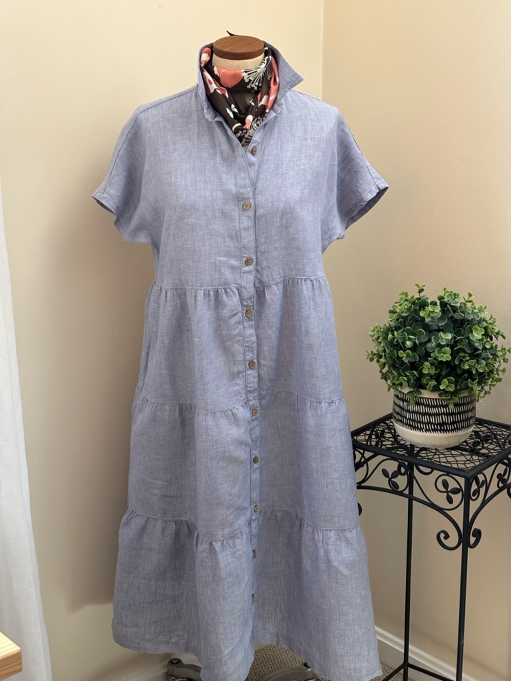 Cynthia Rowley 100% Linen Light Blue Tiered Button-Front Midi Dress